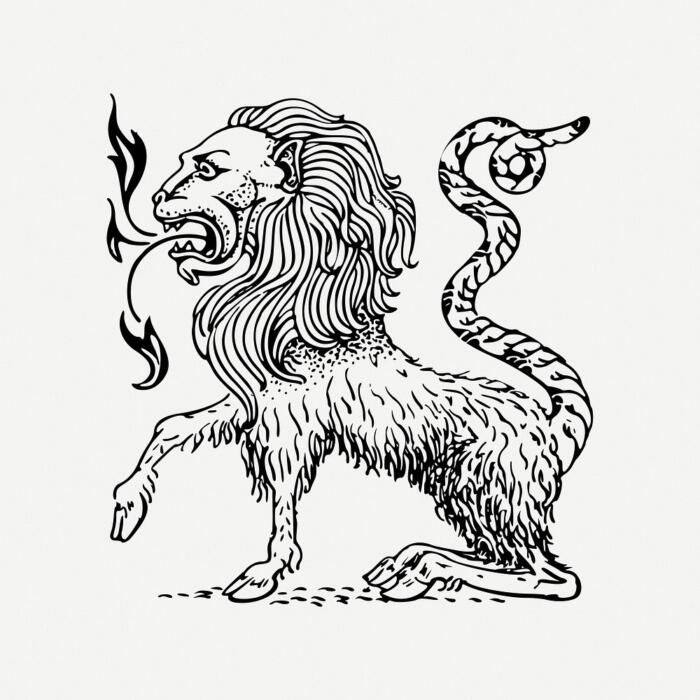 A drawing of a lion holding a snake in its mouth, showcasing the predator-prey dynamic in a vivid illustration.